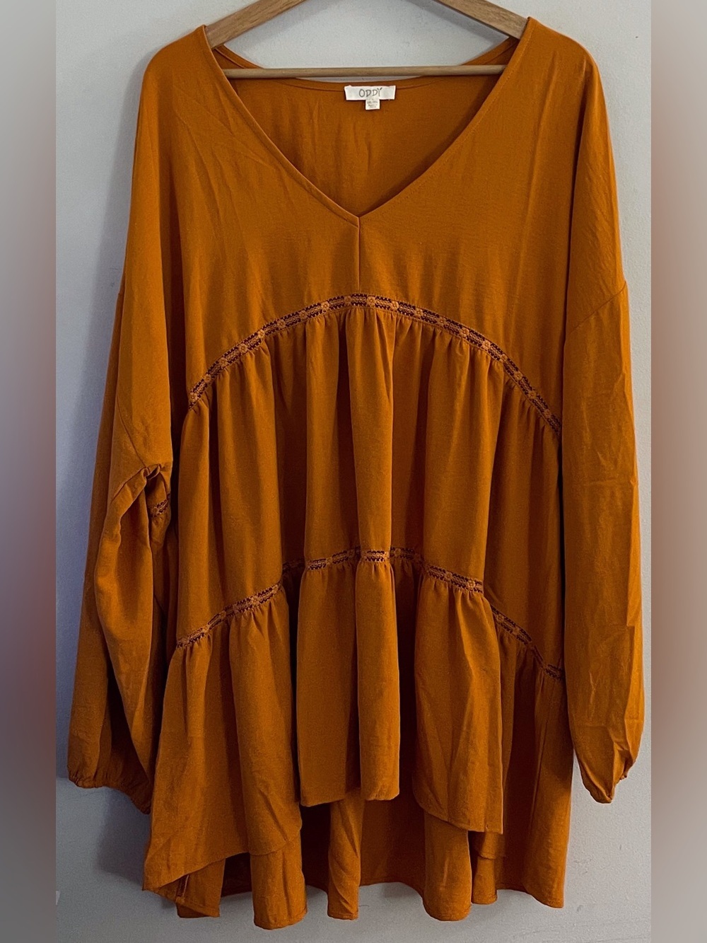 ODDI Rust Gold Mustard Tiered V-Neck Tunic Boho Chic Fairy Vacation